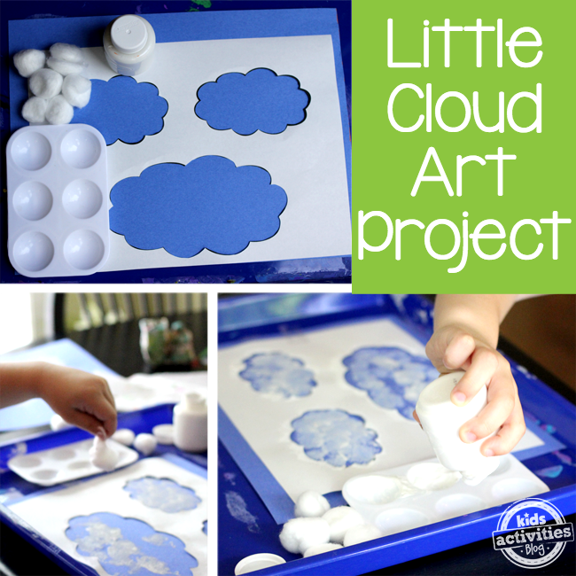 projet artistique Little Could - Étapes 1 à 3 de Cloud Craft - Découpez un modèle, tamponnez de la peinture blanche, versez plus de peinture blanche - Blog d'activités pour enfants