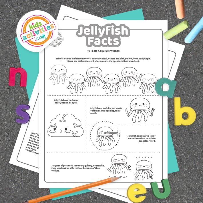 Pages imprimables Jellyfish Facts affichées sur fond sombre avec le logo Kids Activities Blog et des accessoires colorés