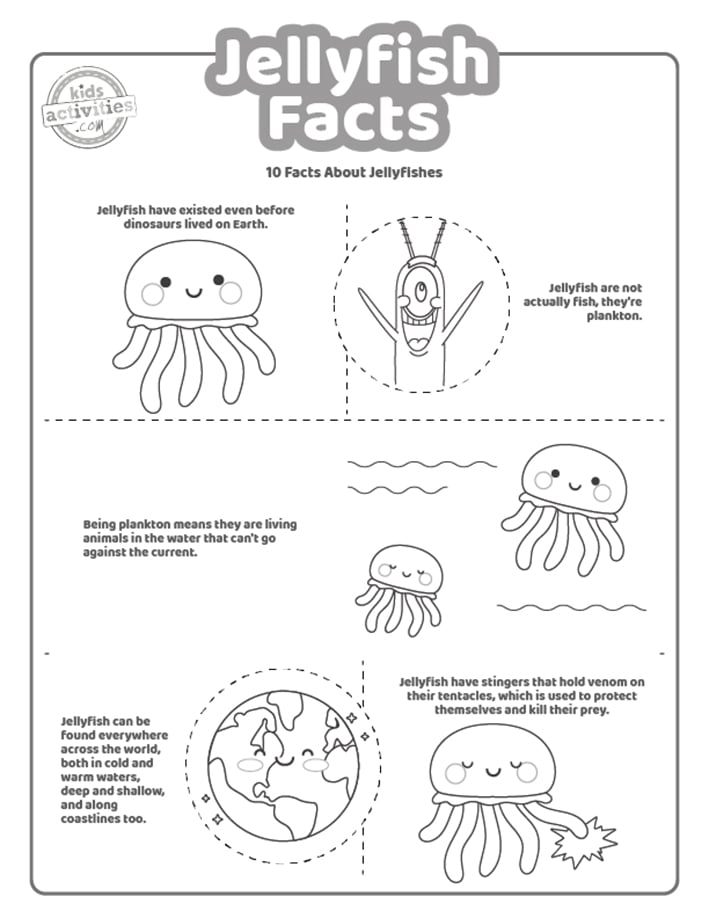 Fichier pdf imprimé Jellyfish Facts, première page affichée en noir et blanc avec 5 faits intéressants pour les enfants sur les méduses