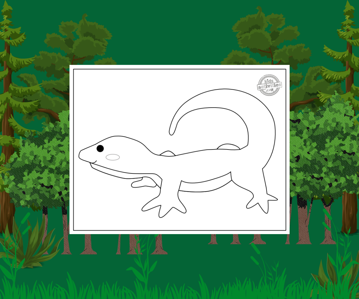 Feuille de coloriage Newt sur fond vert forêt avec arbres et herbe - blog d'activités pour enfants