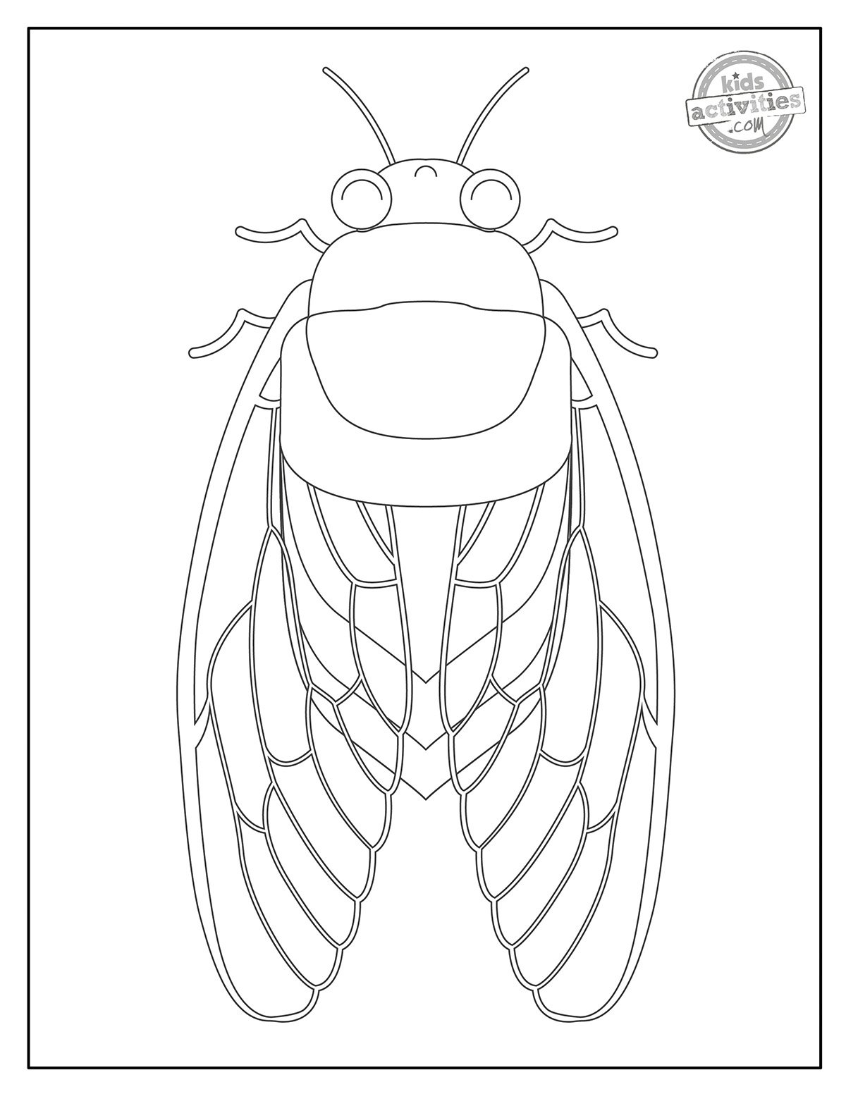 Coloriage de cigales imprimé en noir et blanc, réalisé avec des lignes simples. Imprimable pour les enfants et les adultes. version pdf imprimée du blog d'activités pour enfants.