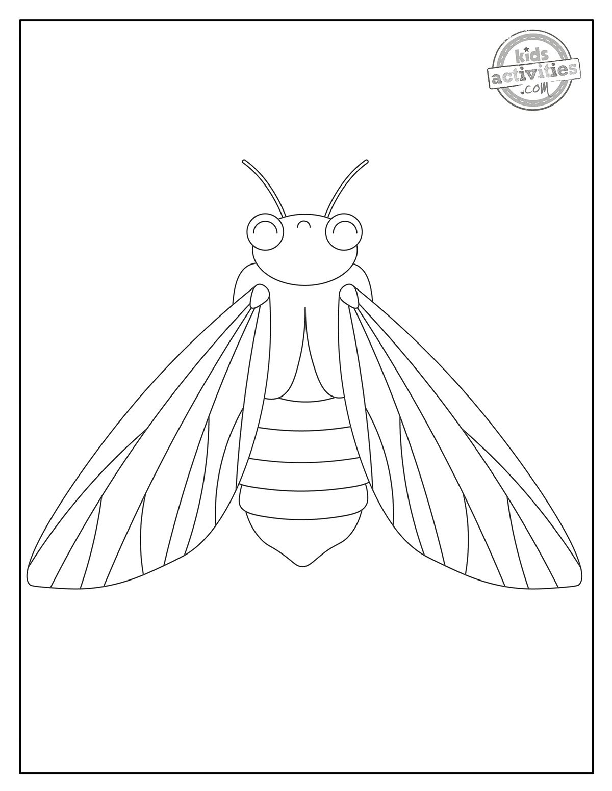 Coloriage de cigales imprimé en noir et blanc, réalisé avec des lignes simples. Imprimable pour les enfants et les adultes. version pdf imprimée du blog d'activités pour enfants.