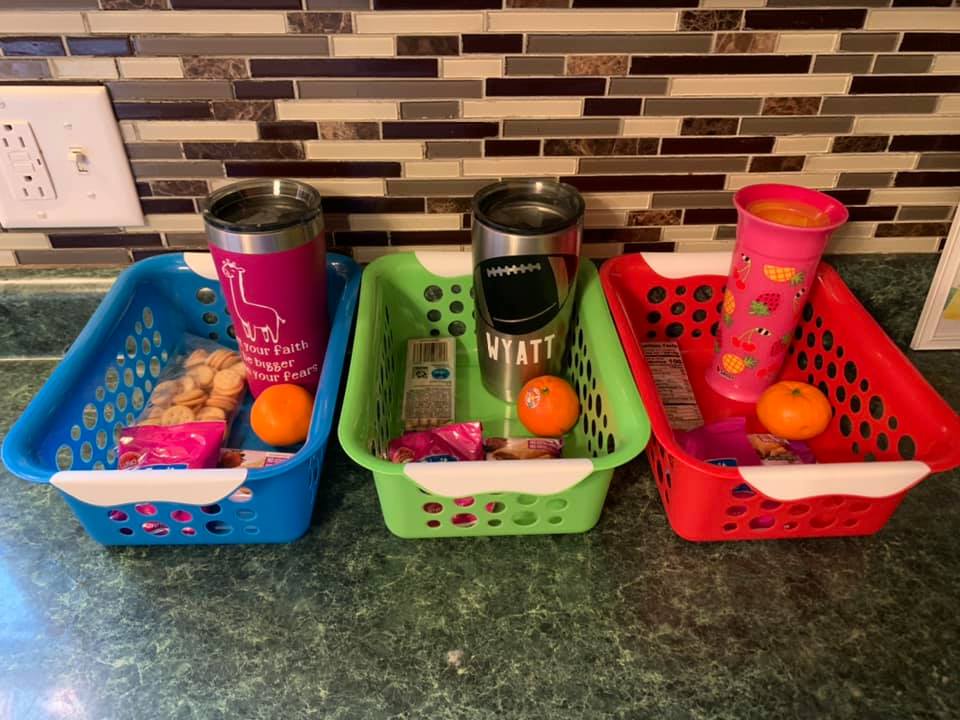 snack baskets for kids organized in blue, green and red
