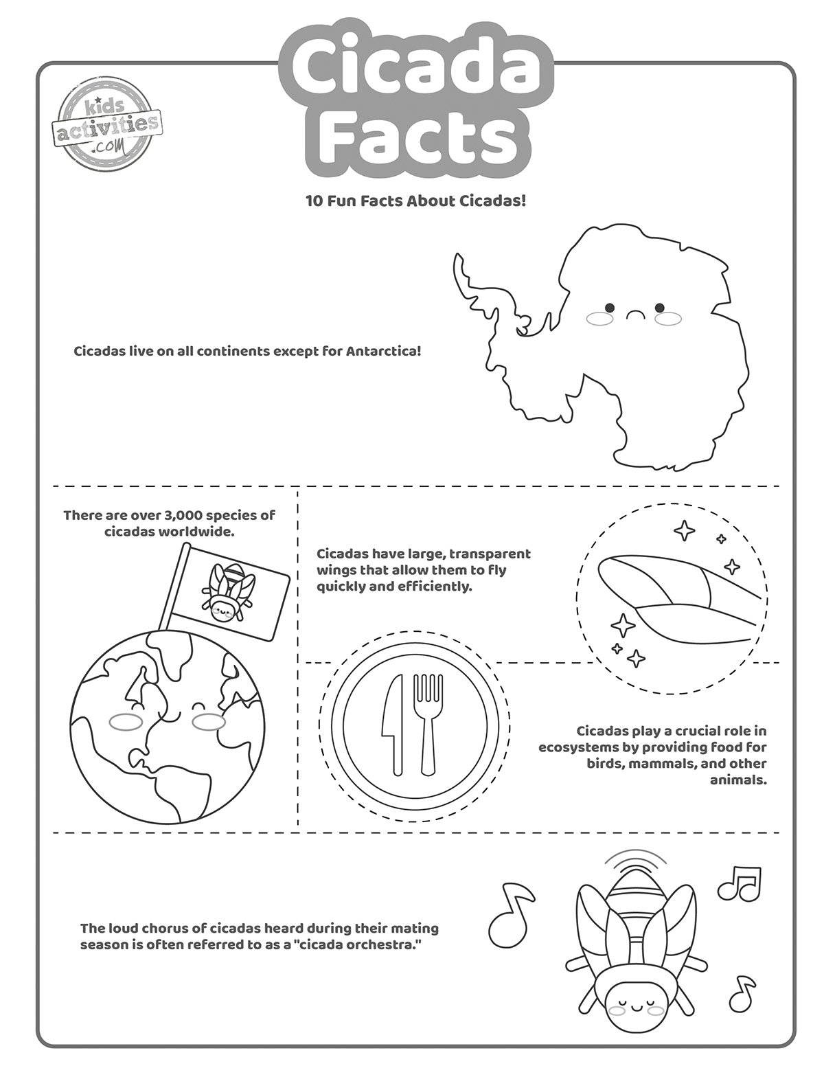 Capture d'écran de faits sur les cigales imprimés en noir et blanc avec des dessins qui représentent chaque fait pour les enfants, les étudiants et les adultes.  version pdf imprimée du blog d'activités pour enfants. 