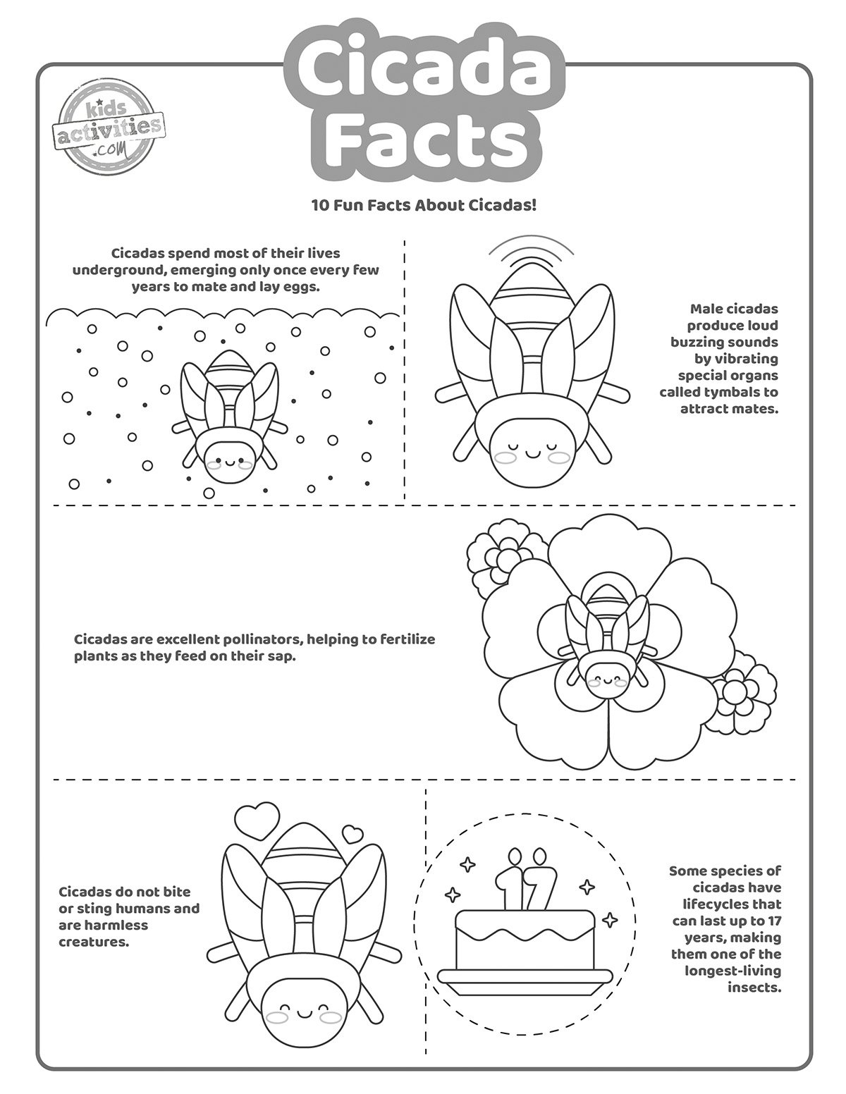 Capture d'écran de faits sur les cigales imprimés en noir et blanc avec des dessins qui représentent chaque fait pour les enfants, les étudiants et les adultes.  version pdf imprimée du blog d'activités pour enfants. 