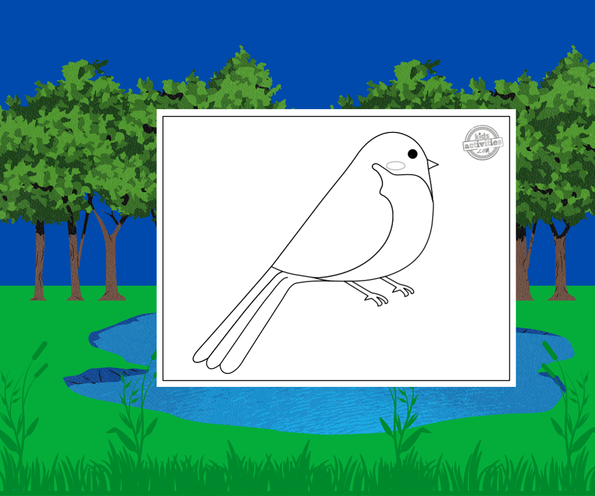 Coloriage Nightingale - sur un fond herbeux et couvert d'arbres avec un étang avec un fichier pdf imprimé en noir et blanc - blog d'activités pour enfants