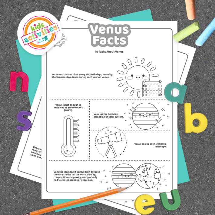 Pages imprimables Venus Facts affichées sur fond sombre avec le logo Kids Activities Blog et des accessoires colorés
