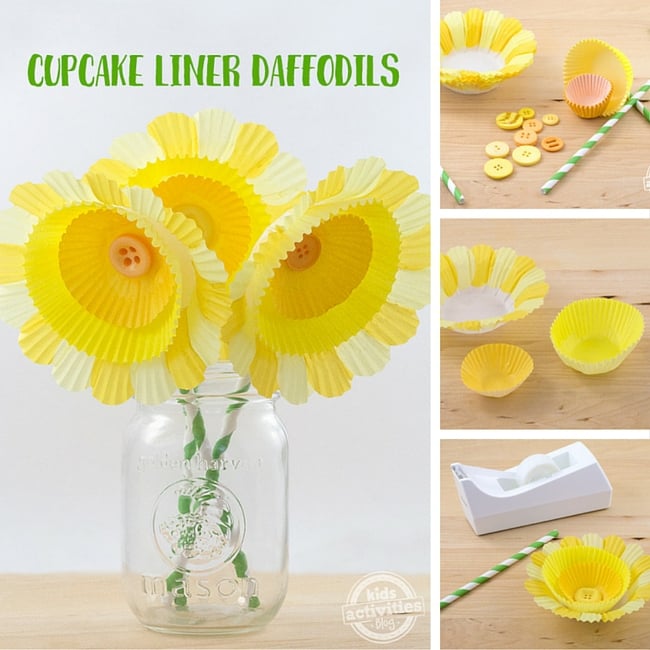 Étapes de Cupcake Liner Flowers illustrées dans un collage avec des créations florales finies pour les enfants