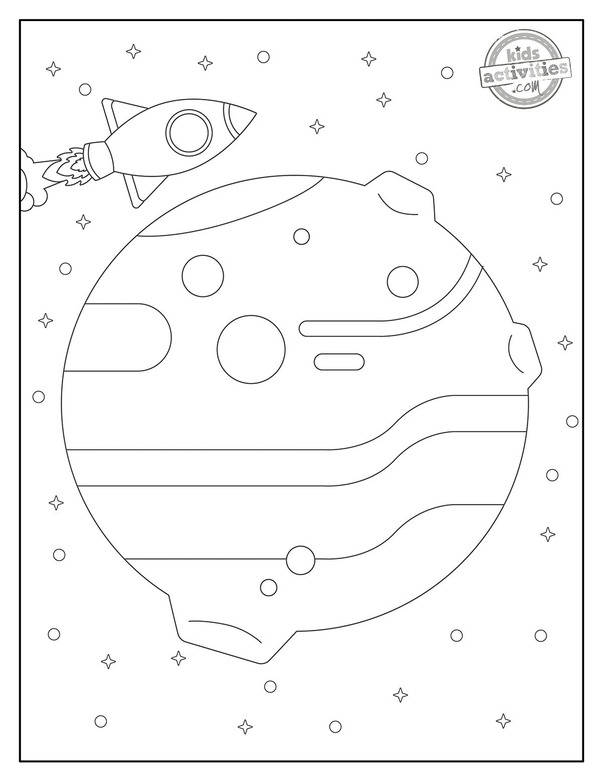 Coloriage de Mars imprimé en noir et blanc montrant Neptune depuis l'espace, avec des lignes simples. Imprimable pour les enfants et les adultes. version pdf imprimée du blog d'activités pour enfants.