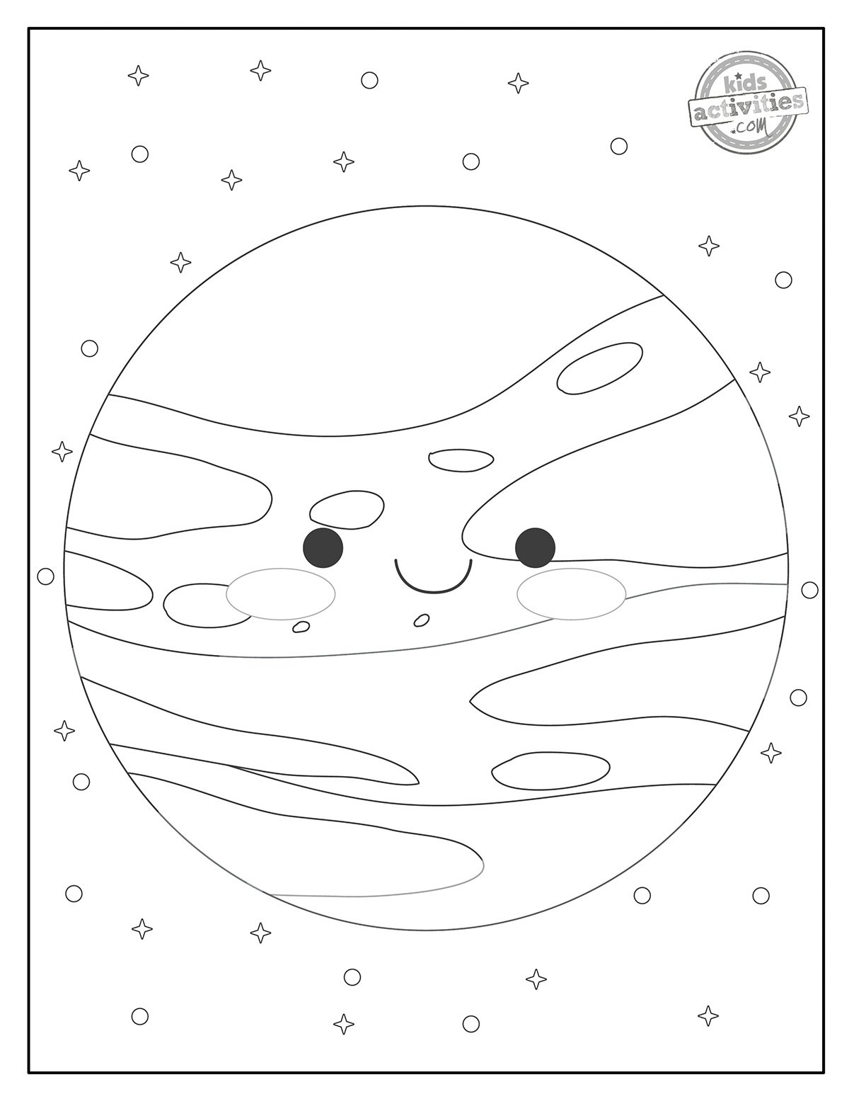 Coloriage de Mars imprimé en noir et blanc montrant Neptune depuis l'espace, avec des lignes simples. Imprimable pour les enfants et les adultes. version pdf imprimée du blog d'activités pour enfants.