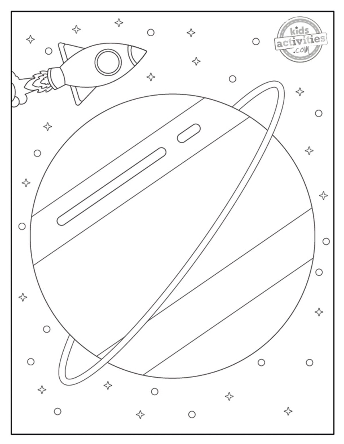 Coloriage d'Uranus imprimé en noir et blanc montrant Neptune vu de l'espace, avec des lignes simples. Imprimable pour les enfants et les adultes. version pdf imprimée du blog d'activités pour enfants.