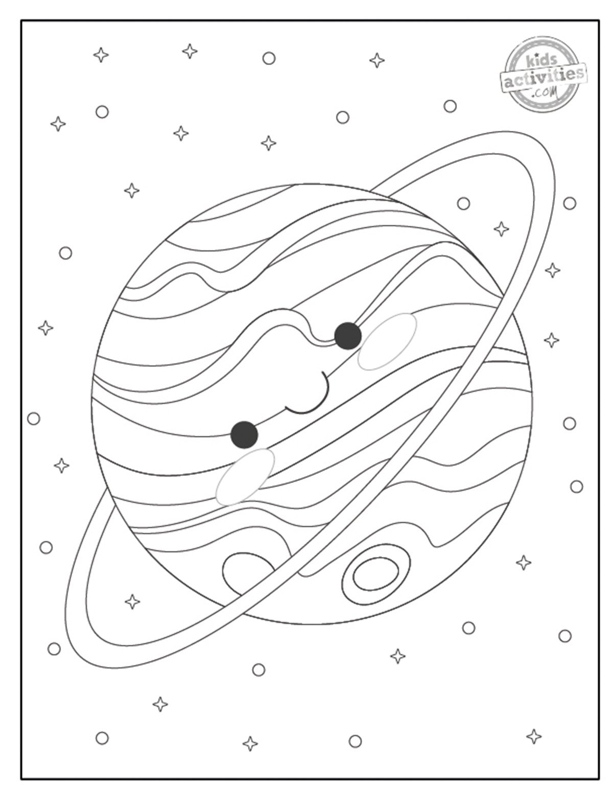 Coloriage d'Uranus imprimé en noir et blanc montrant Neptune vu de l'espace, avec des lignes simples. Imprimable pour les enfants et les adultes. version pdf imprimée du blog d'activités pour enfants.