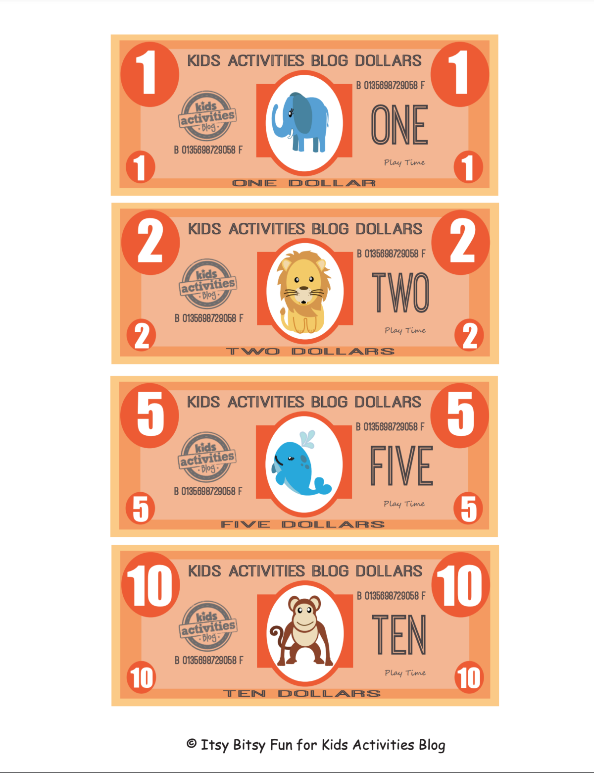 Fichier pdf imprimable Play Money avec quatre factures : 1 $, 2 $, 5 $ et 10 $ prêtes à être téléchargées, imprimées et découpées avec des ciseaux.