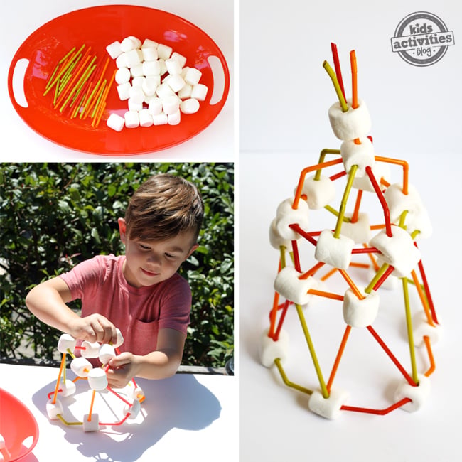 instructions étape par étape pour construire des tours de guimauve - collage de trois images avec le nécessaire fourni, construction pour enfants et tour de guimauve finie