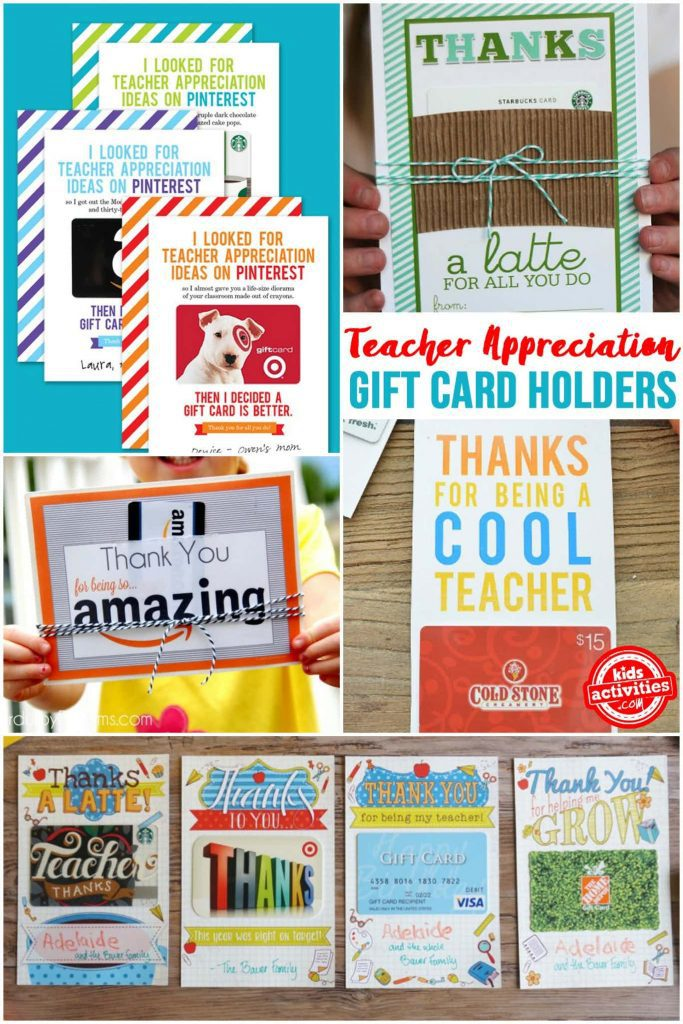 Cartes-cadeaux pour les enseignants - ces porte-cartes-cadeaux d'appréciation des enseignants sont amusants et thématiques pour chaque carte-cadeau comme : Starbucks, Target, Amazon, Cold Stone, Visa - Blog d'activités pour enfants