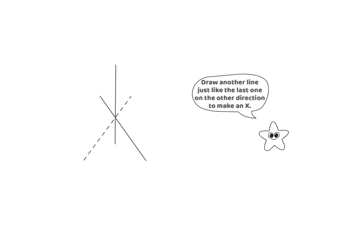 Étape 3 - Comment dessiner une étoile - Blog d'activités pour enfants - Texte : Tracez une autre ligne comme la dernière dans l'autre sens pour faire un X.