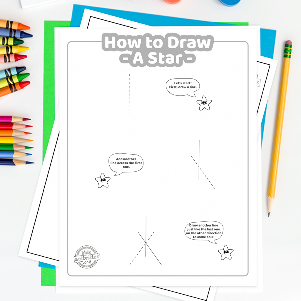 Comment dessiner une étoile tutoriel imprimable pdf montrant un dessin d'étoile facile sur un fond décoratif avec des crayons de couleur et des étapes de peinture 1 à 3 - Kids Activities Blog
