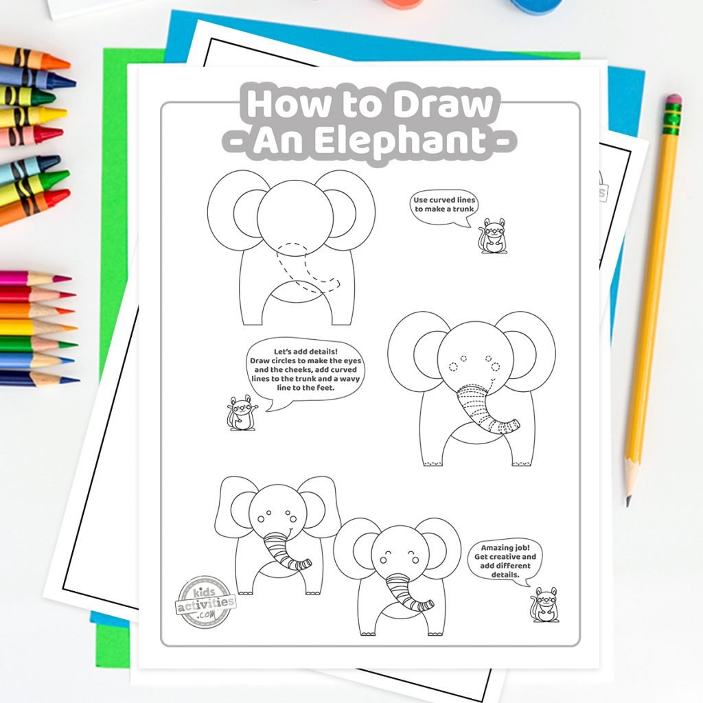 Comment dessiner un éléphant tutoriel imprimable pdf dessin facile sur fond décoratif avec des crayons de couleur et des crayons de couleur étapes 6 à 9 - blog d'activités pour enfants