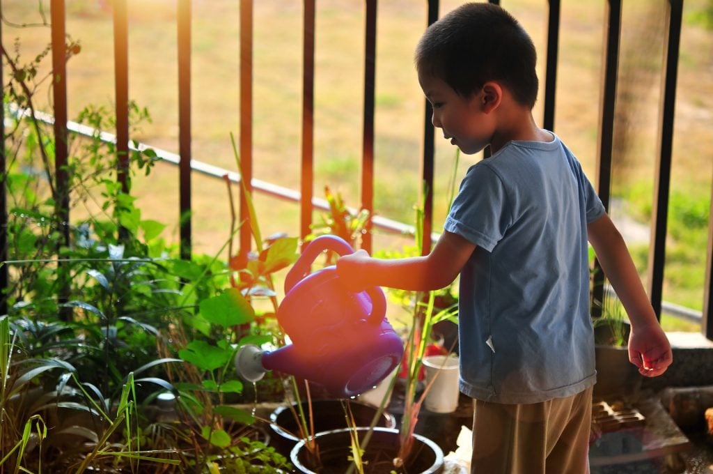 Sacs de culture de pommes de terre - Enfant avec arrosoir et jardin sur une terrasse - Blog d'activités pour enfants