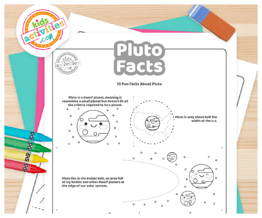 Fichier PDF imprimé de Pluto Facts, page deux affichée en noir et blanc avec 5 faits intéressants pour les enfants sur Pluton