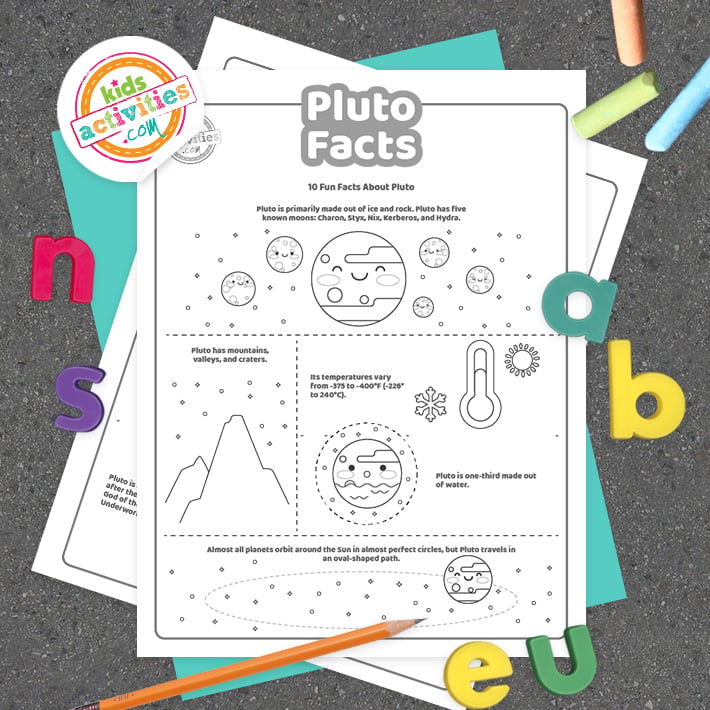 Pages imprimables de faits sur Pluton affichées sur fond sombre avec le logo du blog d'activités pour enfants et des accessoires colorés 