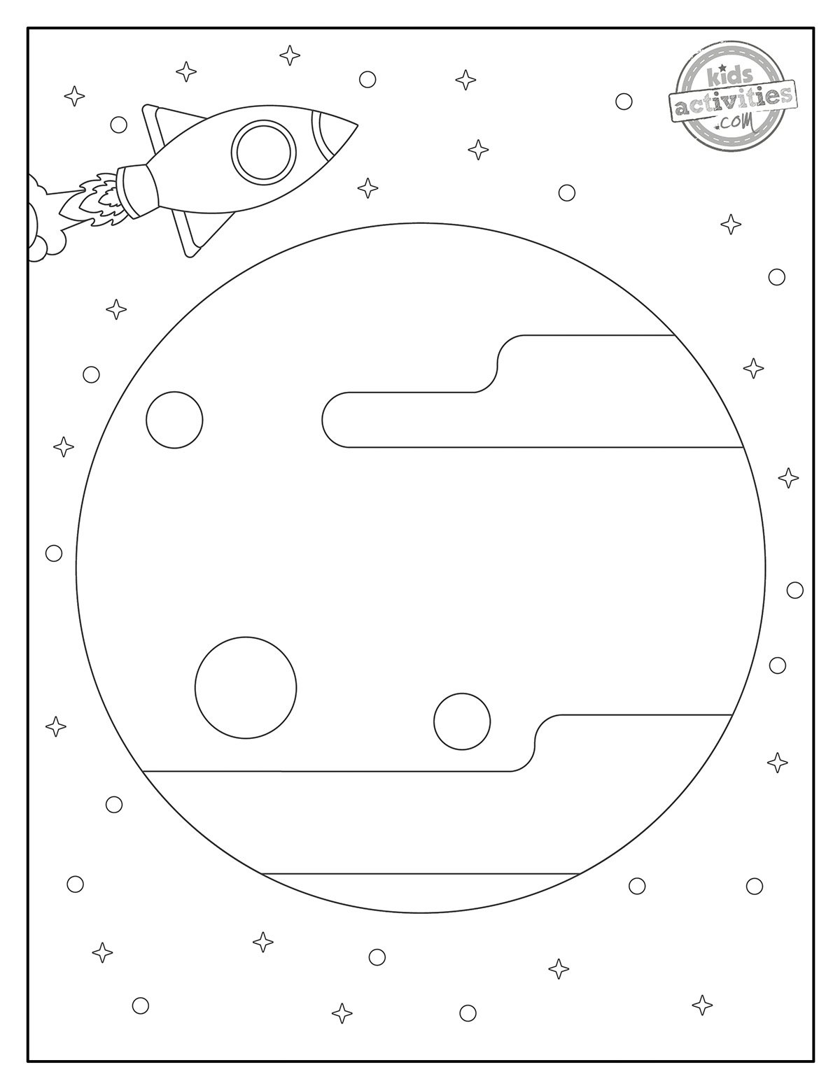 Coloriage Pluton imprimé en noir et blanc, réalisé avec des lignes simples. Imprimable pour les enfants et les adultes. version pdf imprimée du blog d'activités pour enfants.