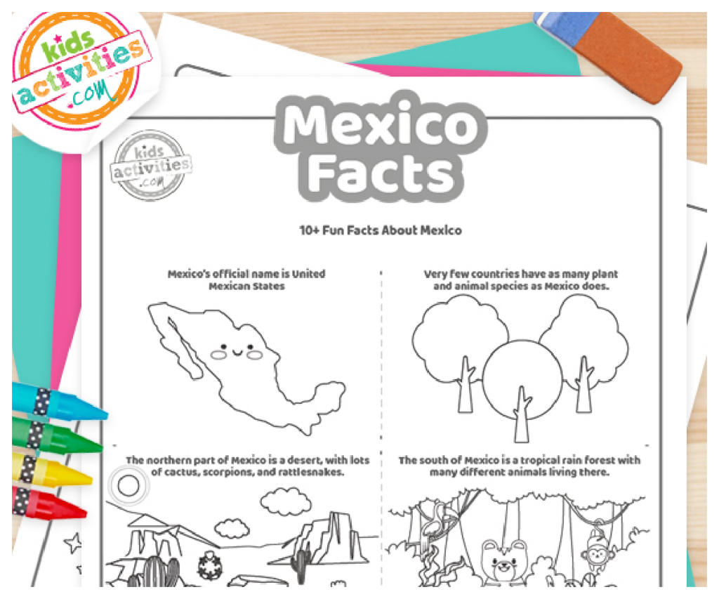 Faits sur le Mexique imprimé fichier pdf page deux montré en noir et blanc avec 5 faits intéressants pour les enfants sur le Mexique