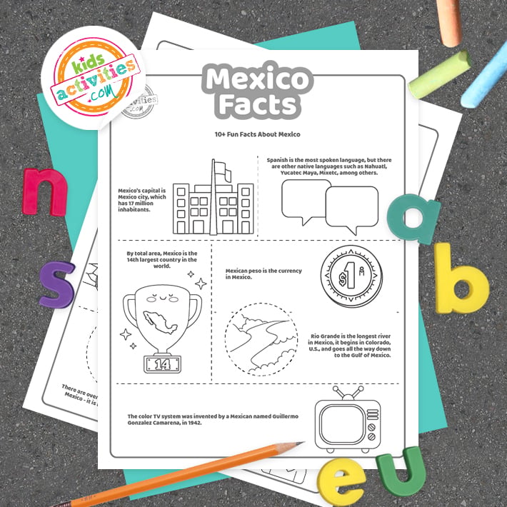 Pages imprimables de faits sur le Mexique affichées sur fond sombre avec le logo du blog d'activités pour enfants et des accessoires colorés