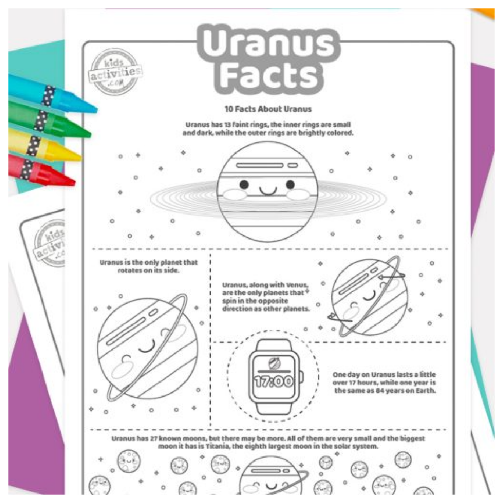 Les faits sur Uranus ont imprimé la page deux du fichier PDF montrant en noir et blanc avec 5 faits intéressants pour les enfants sur Uranus