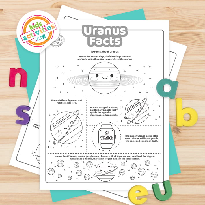 Pages imprimables de faits sur Uranus affichées sur fond sombre avec le logo du blog d'activités pour enfants et des accessoires colorés