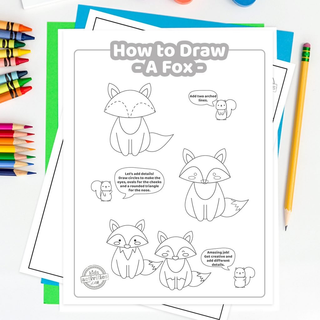 Comment dessiner un renard tutoriel imprimable en pdf montrant un dessin facile d'un renard sur un fond décoratif avec des crayons de couleur et les étapes de peinture 6 à 9 - blog d'activités pour enfants