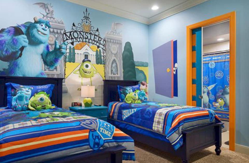 Chambres pour enfants - Chambre à thème Monsters Inc pour enfants avec entrée à la fresque murale Monsters University
