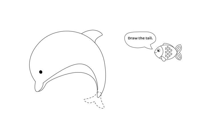 Étape 7 - Comment dessiner un dauphin - Blog d'activités pour enfants - Texte : Dessinez la queue.