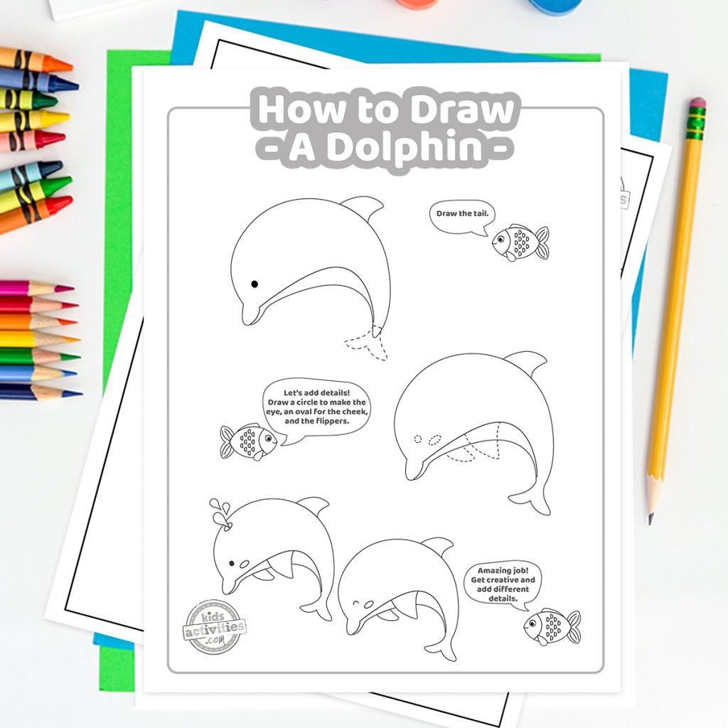 Comment dessiner un dauphin tutoriel imprimable pdf montrant un dessin facile de dauphin sur un fond décoratif avec des crayons de couleur et des étapes de peinture 6-9 blog d'activités pour enfants
