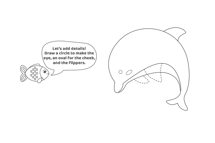 Étape 8 - Comment dessiner un dauphin - Blog d'activités pour enfants - Texte : Ajoutons des détails. Dessinez un cercle pour faire l'œil, un ovale pour le chèque et les nageoires.