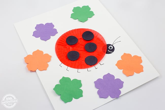 Étape 3 - Artisanat de coccinelle de doublure de cupcake - sur du papier de construction blanc avec des fleurs vertes, violettes et orange autour.