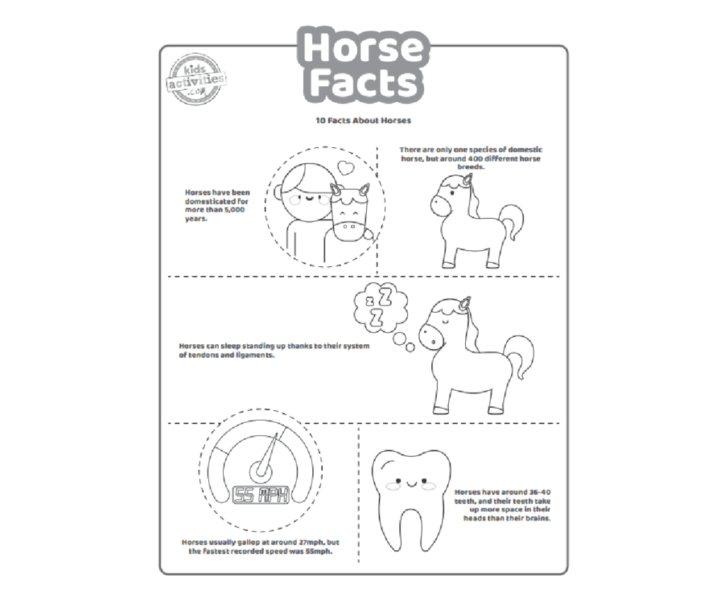 Fichier pdf imprimé de faits sur les chevaux, première page affichée en noir et blanc avec 5 faits intéressants pour les enfants sur les chevaux