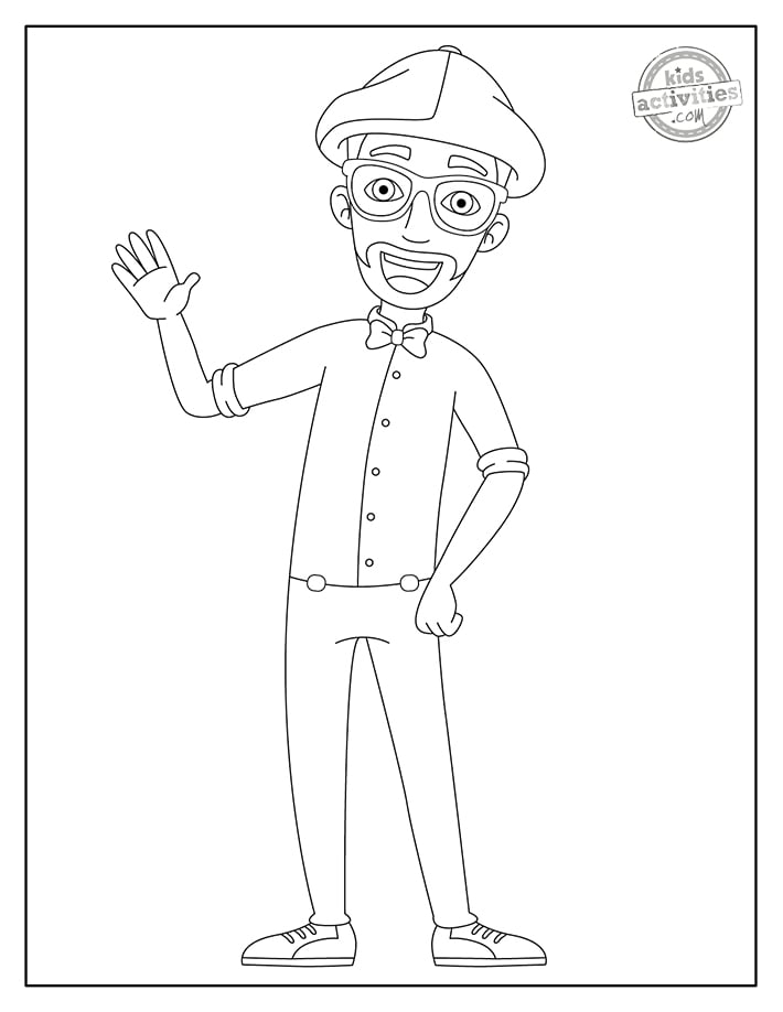 Coloriages Blippi PDF imprimables avec Blippi debout et saluant du blog d'activités pour enfants
