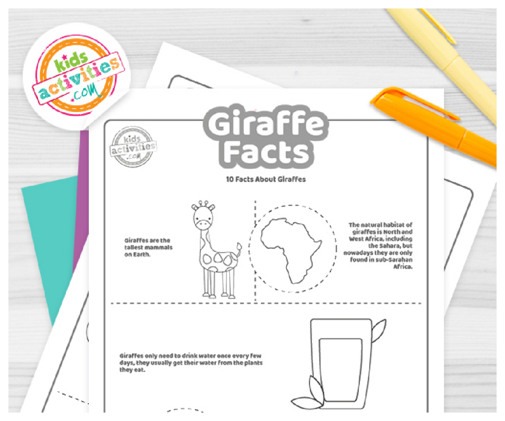 faits sur la girafe fichier pdf imprimé page deux montré en noir et blanc avec 5 faits intéressants pour les enfants sur les méduses