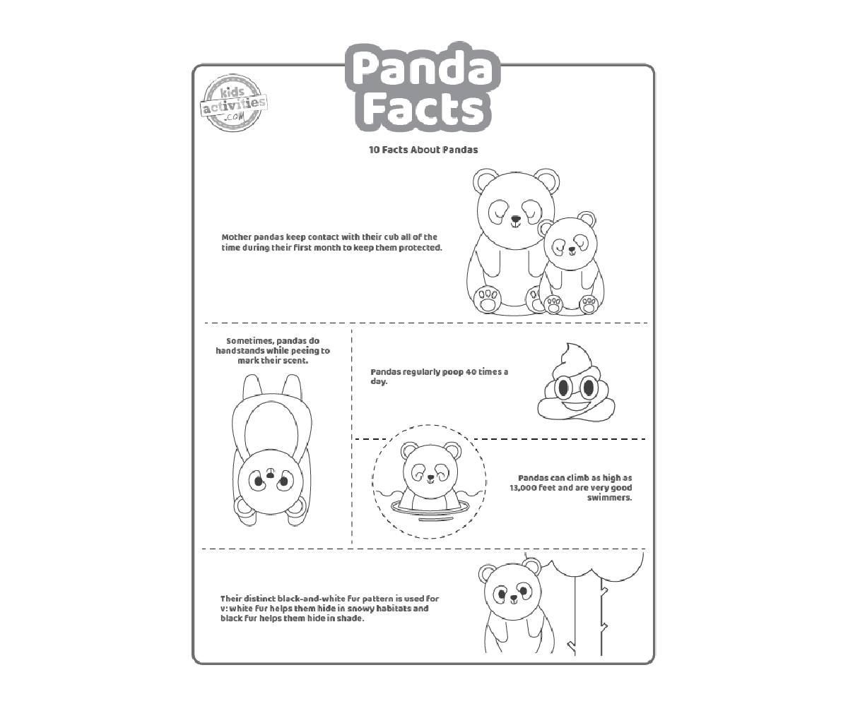 Panda faits imprimé fichier pdf page deux montré en noir et blanc avec 5 faits intéressants pour les enfants sur le panda