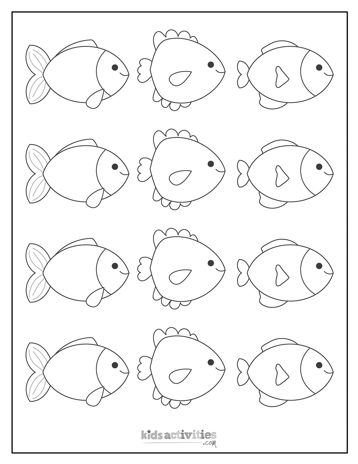 Page de modèles de poissons multiples imprimée en noir et blanc, réalisée avec des lignes simples.  Imprimable pour les enfants et les adultes.  version pdf imprimée du blog d'activités pour enfants. 
