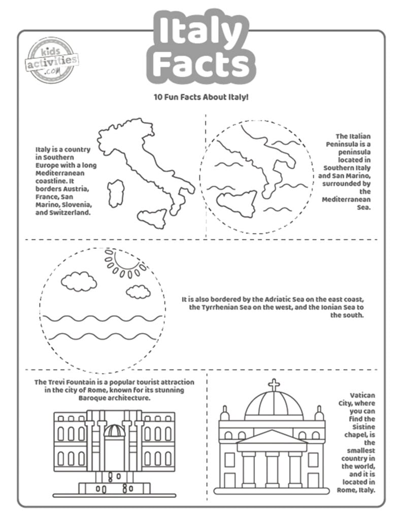 Capture d'écran d'un coloriage en noir et blanc avec des faits sur l'Italie.