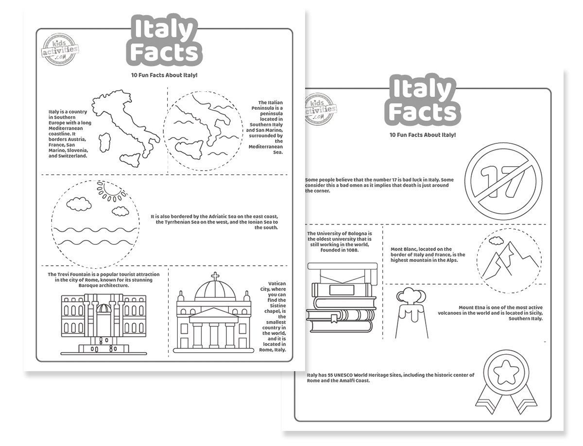 Faits incroyables sur l'Italie et pages à colorier gratuites