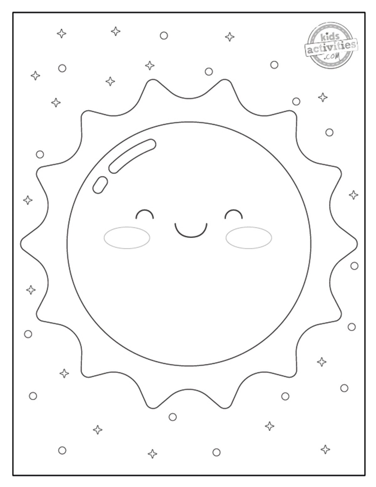Coloriage soleil imprimé en noir et blanc, réalisé avec des lignes simples.  Imprimable pour les enfants et les adultes.  version pdf imprimée du blog d'activités pour enfants. 
