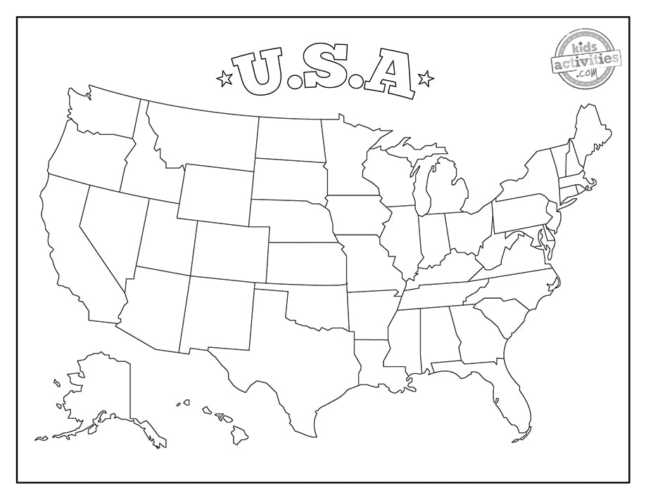 Fichier PDF imprimé de carte vierge des États-Unis illustré avec un dessin au trait noir (simple) de la carte vierge des États-Unis avec les lettres « USA » ci-dessus - Kids Activities Blog