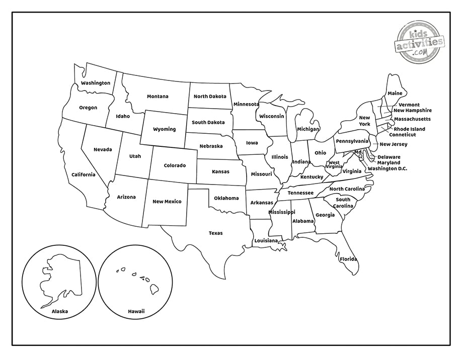 Carte des États-Unis avec étiquettes d'État, fichier PDF imprimé présenté avec un dessin au trait noir et des étiquettes d'État simples, des espaces disponibles pour le coloriage ou un dessin et un étiquetage supplémentaires