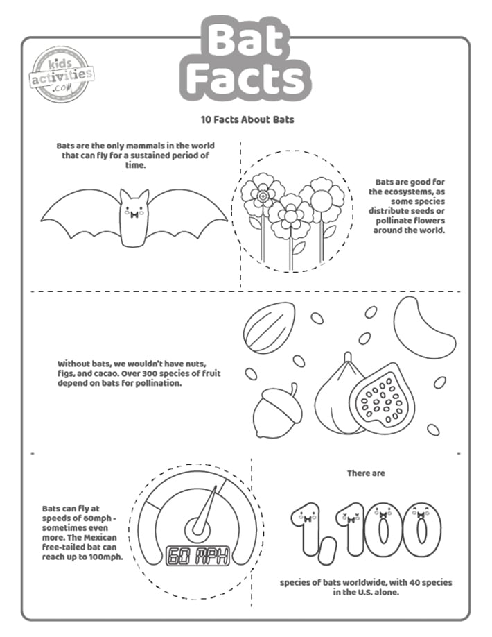 Fichier PDF imprimé de faits sur les chauves-souris, première page affichée en noir et blanc avec 5 faits intéressants pour les enfants sur les chauves-souris