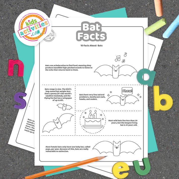 Pages imprimables de faits sur les chauves-souris affichées sur fond sombre avec le logo du blog d'activités pour enfants et des accessoires colorés 