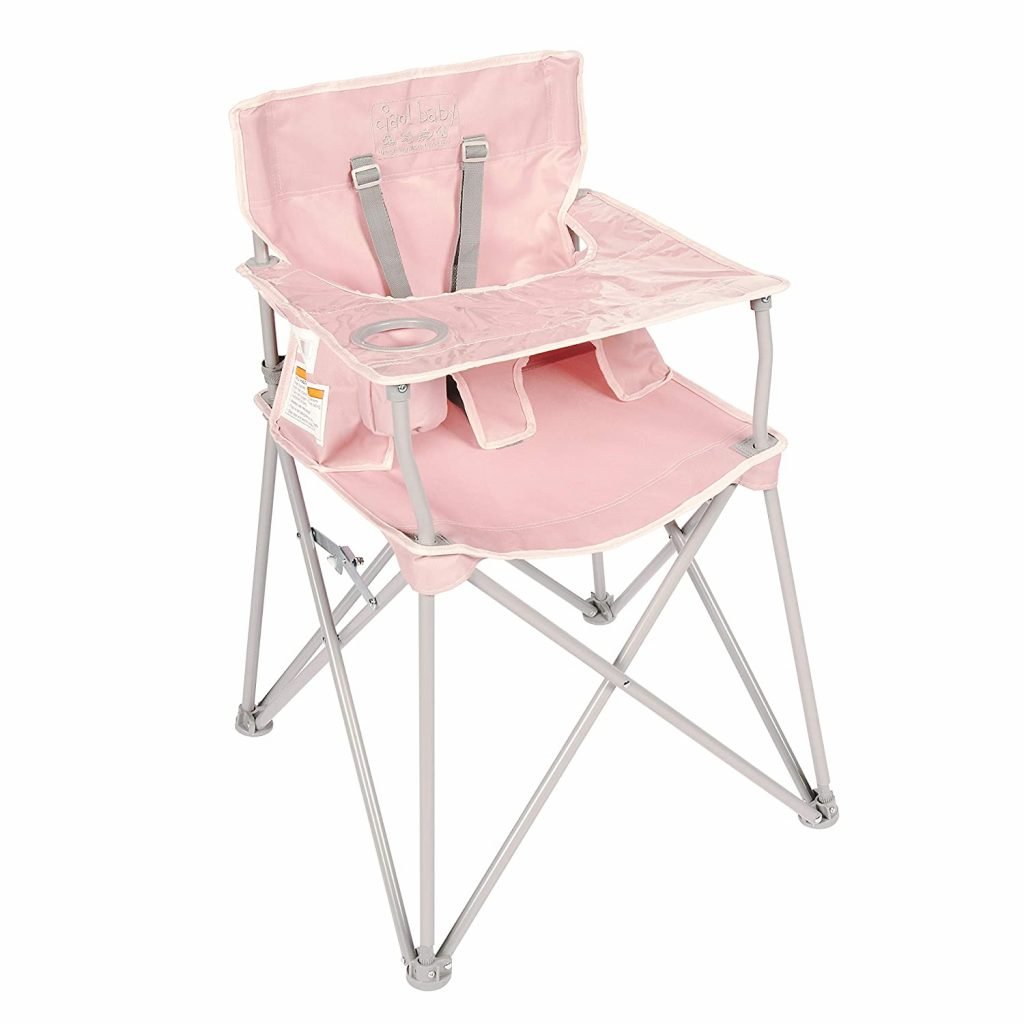 Chaise haute d'extérieur portable - chaise haute rose et grise sur fond blanc - blog d'activités pour enfants