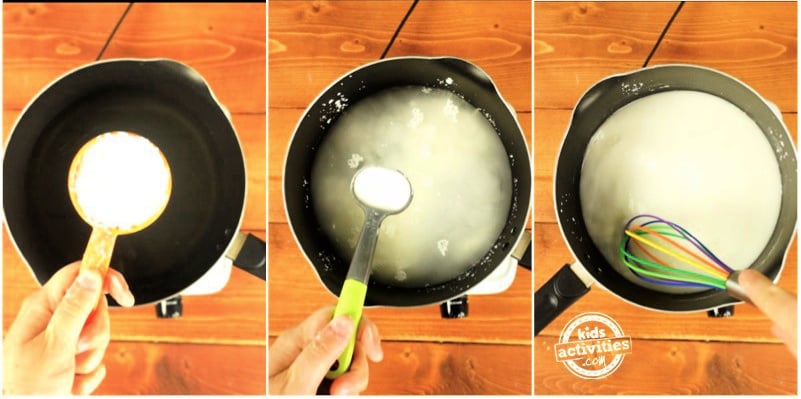 Instructions pour faire de la peinture au doigt maison - Blog d'activités pour enfants - étape 1, ajoutez les ingrédients dans la poêle et fouettez jusqu'à ce que le tout soit combiné et épaissi.